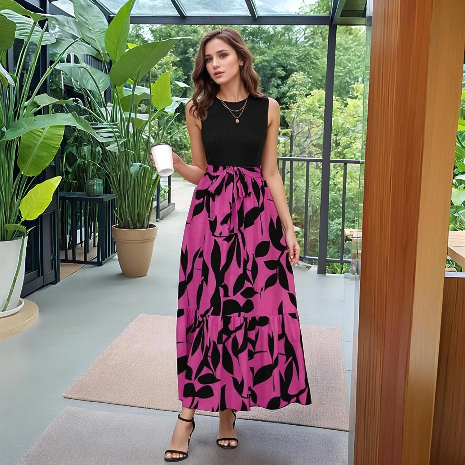 Summer Dresses for Women 2025 Casual Sleeveless Maxi Dresses with Belt Boho Flowy Floral Dress Vacation Long Dress