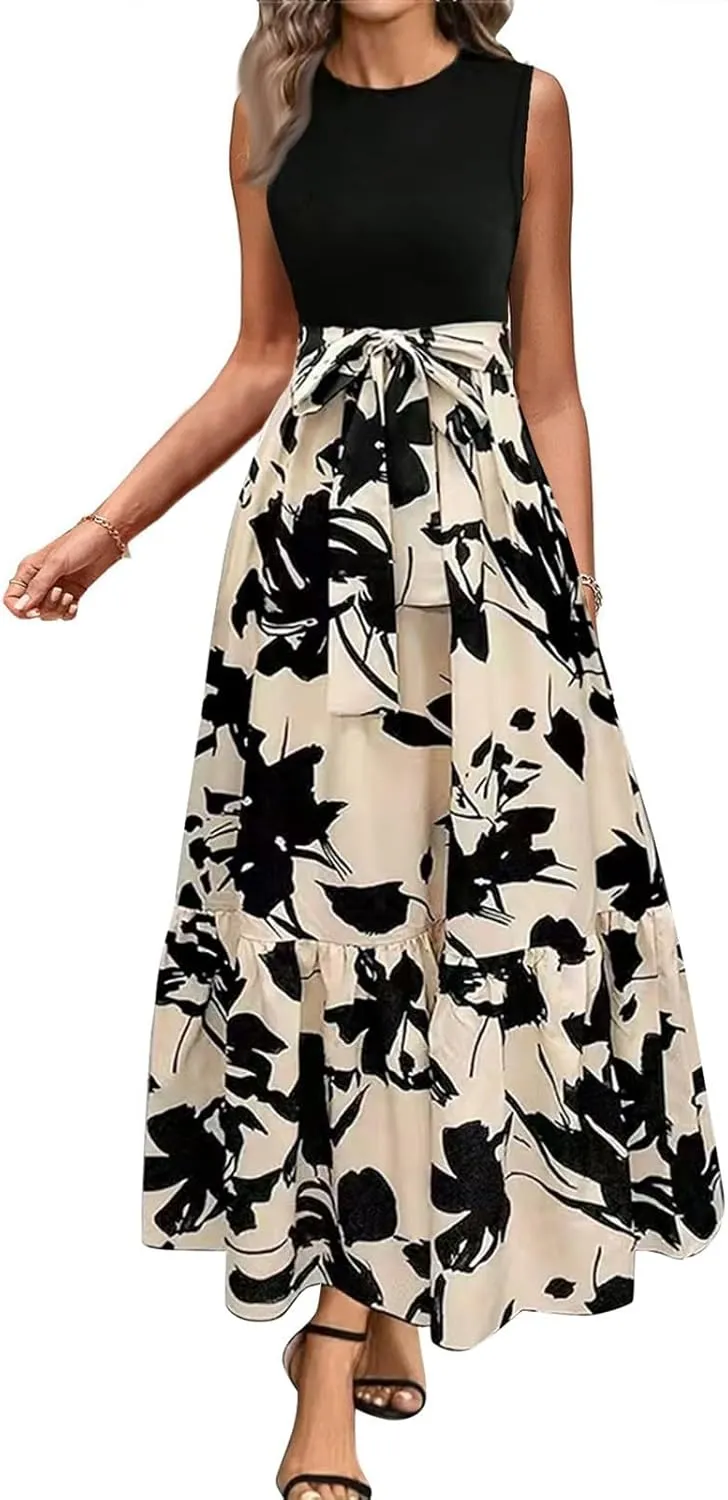 Summer Dresses for Women 2025 Casual Sleeveless Maxi Dresses with Belt Boho Flowy Floral Dress Vacation Long Dress