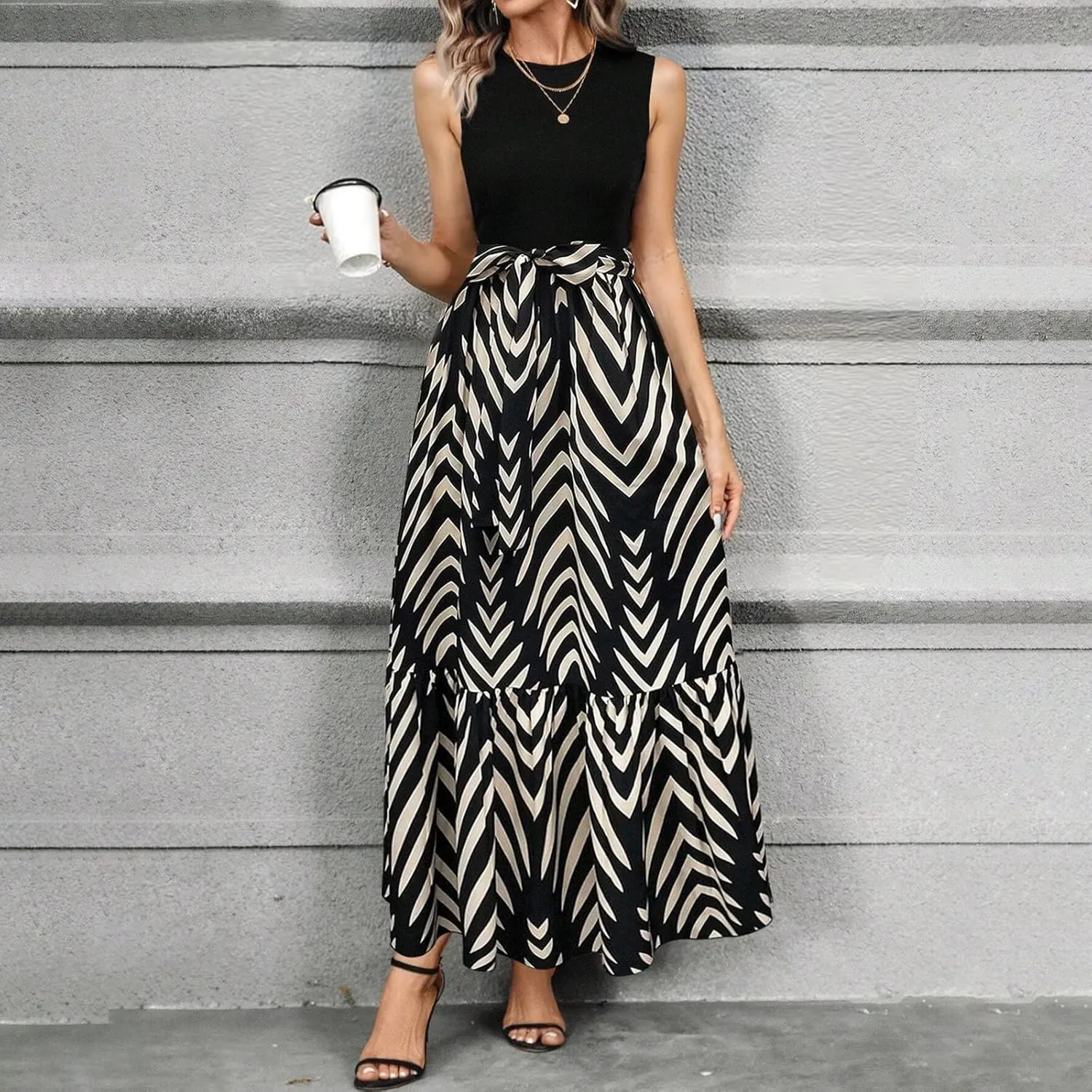 Summer Dresses for Women 2025 Casual Sleeveless Maxi Dresses with Belt Boho Flowy Floral Dress Vacation Long Dress