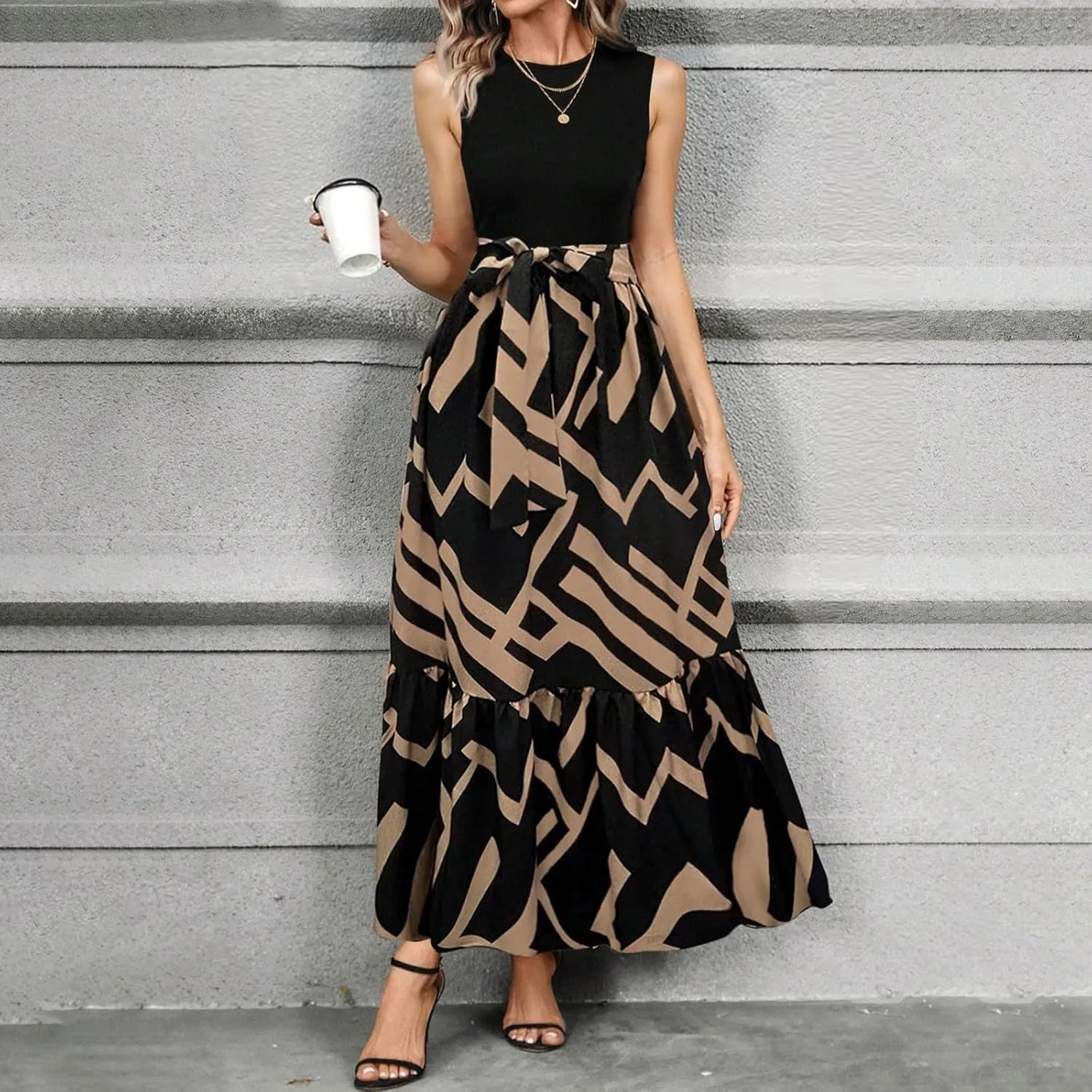 Summer Dresses for Women 2025 Casual Sleeveless Maxi Dresses with Belt Boho Flowy Floral Dress Vacation Long Dress