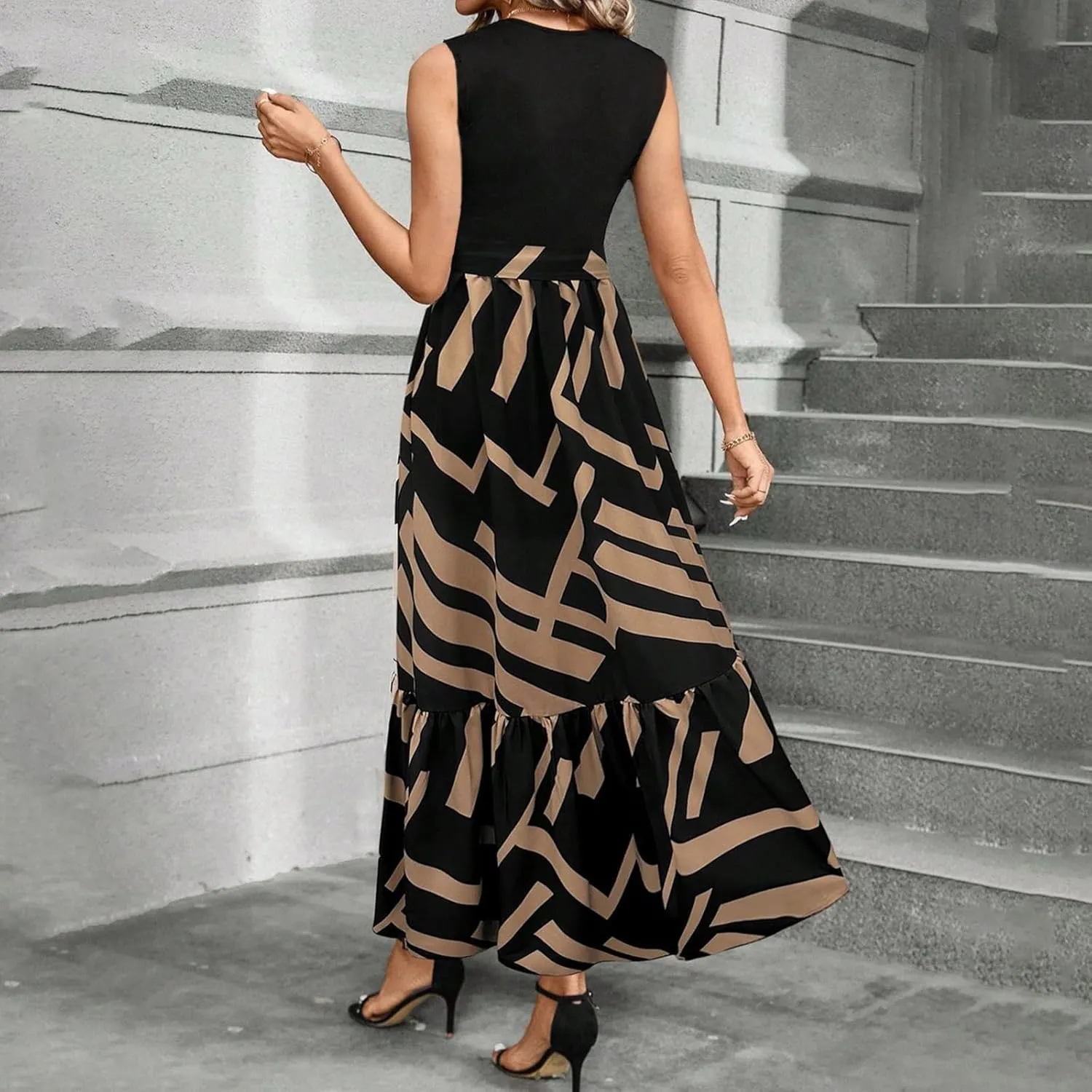 Summer Dresses for Women 2025 Casual Sleeveless Maxi Dresses with Belt Boho Flowy Floral Dress Vacation Long Dress