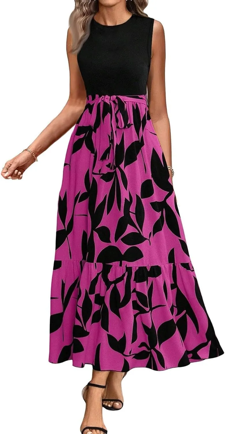 Summer Dresses for Women 2025 Casual Sleeveless Maxi Dresses with Belt Boho Flowy Floral Dress Vacation Long Dress