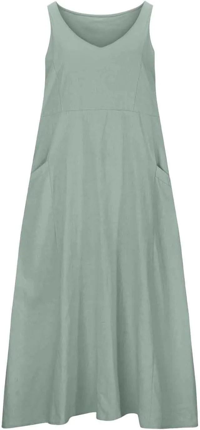 Summer Dresses for Women 2025 Cotton Linen Sleeveless Elegant Flowy Plus Size Loose Comfy Dress with Pockets