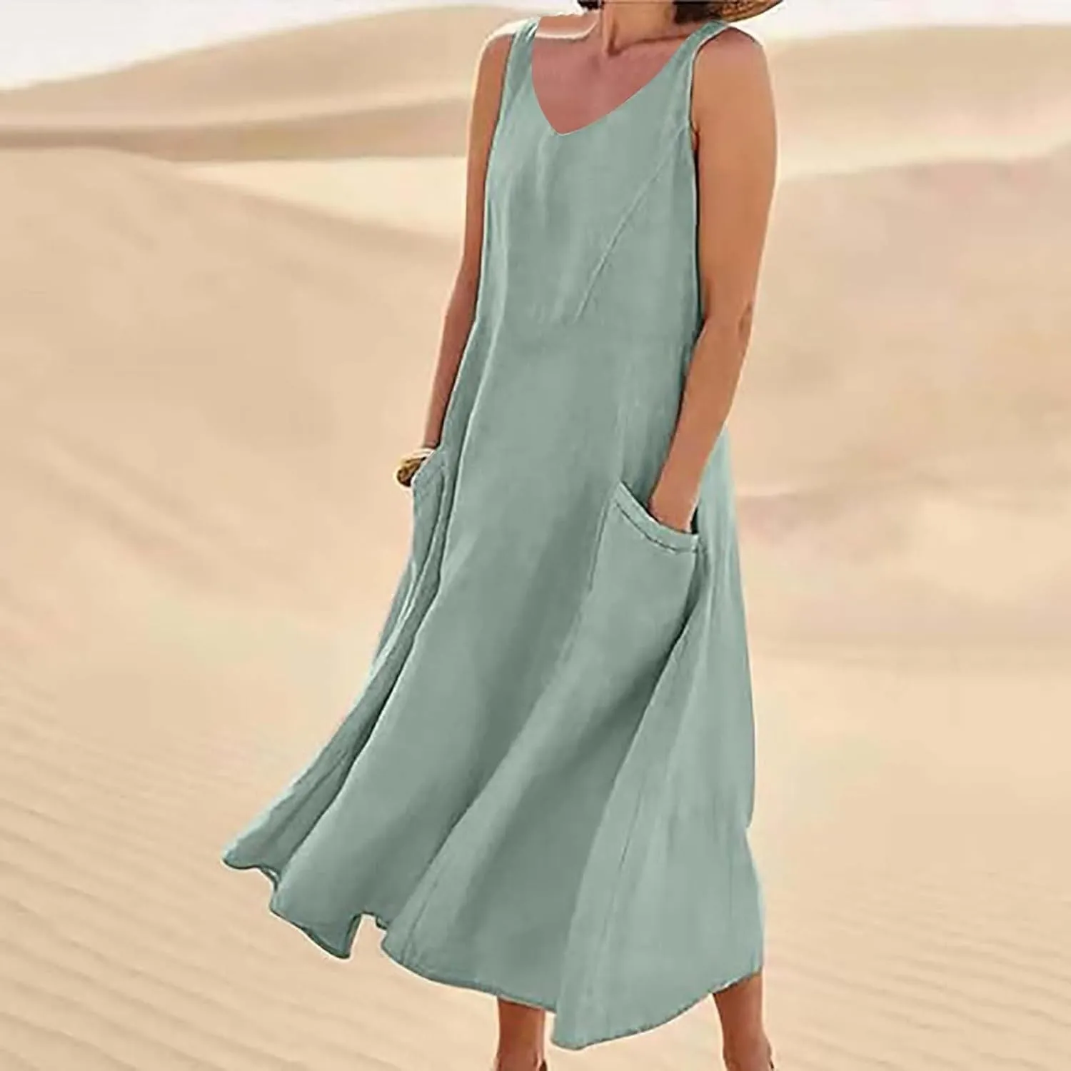 Summer Dresses for Women 2025 Cotton Linen Sleeveless Elegant Flowy Plus Size Loose Comfy Dress with Pockets