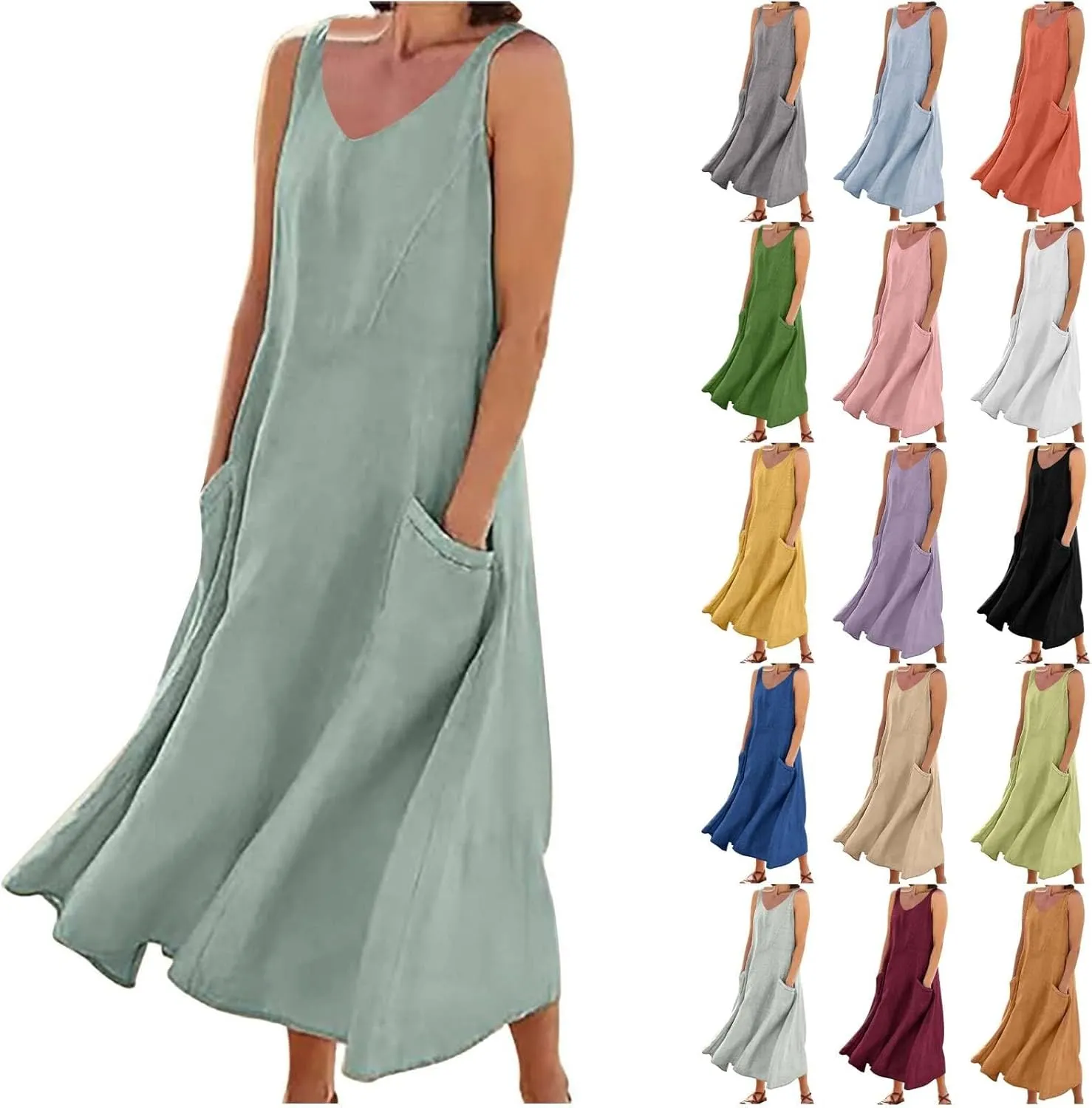 Summer Dresses for Women 2025 Cotton Linen Sleeveless Elegant Flowy Plus Size Loose Comfy Dress with Pockets
