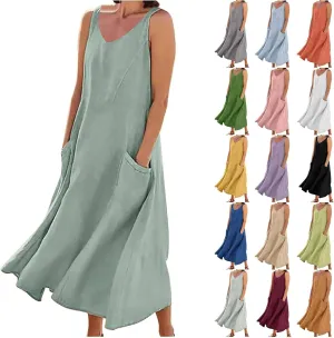 Summer Dresses for Women 2025 Cotton Linen Sleeveless Elegant Flowy Plus Size Loose Comfy Dress with Pockets