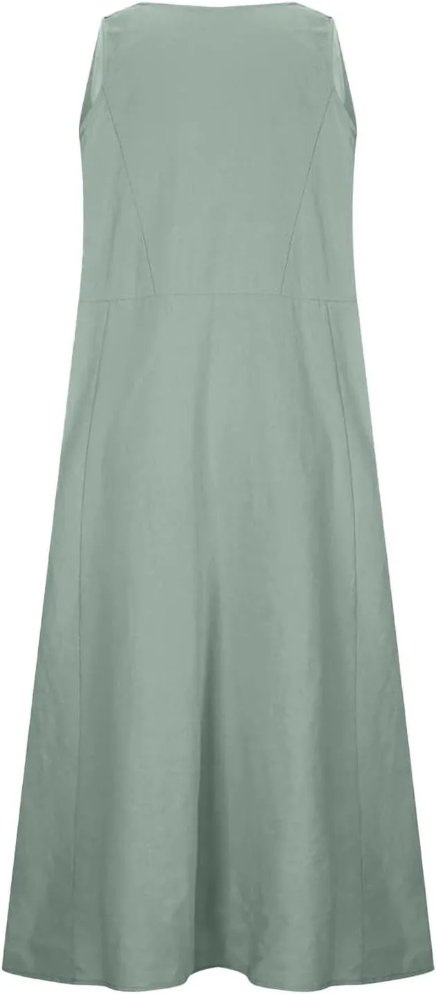 Summer Dresses for Women 2025 Cotton Linen Sleeveless Elegant Flowy Plus Size Loose Comfy Dress with Pockets