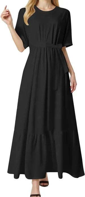 Summer Dresses for Women 2025 Crewneck Short Sleeve Maxi Dress with Belt Casual Elegant A Line Swing Sundresses