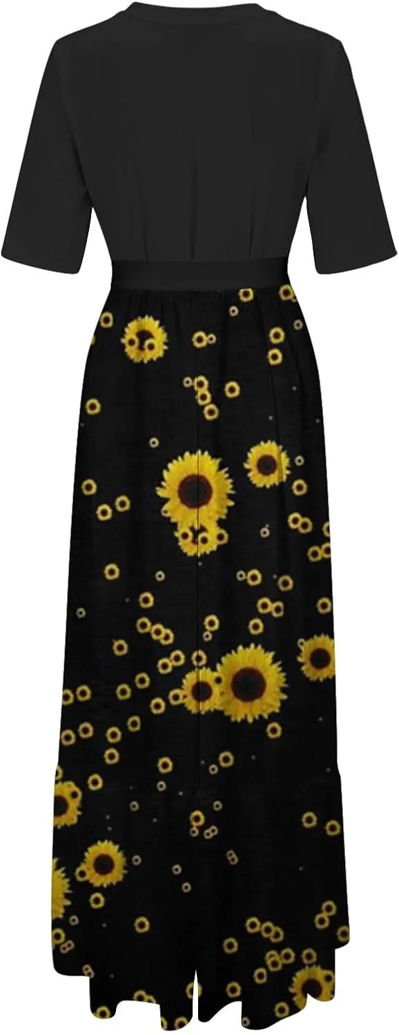 Summer Dresses for Women 2025 Crewneck Short Sleeve Maxi Dress with Belt Casual Elegant A Line Swing Sundresses