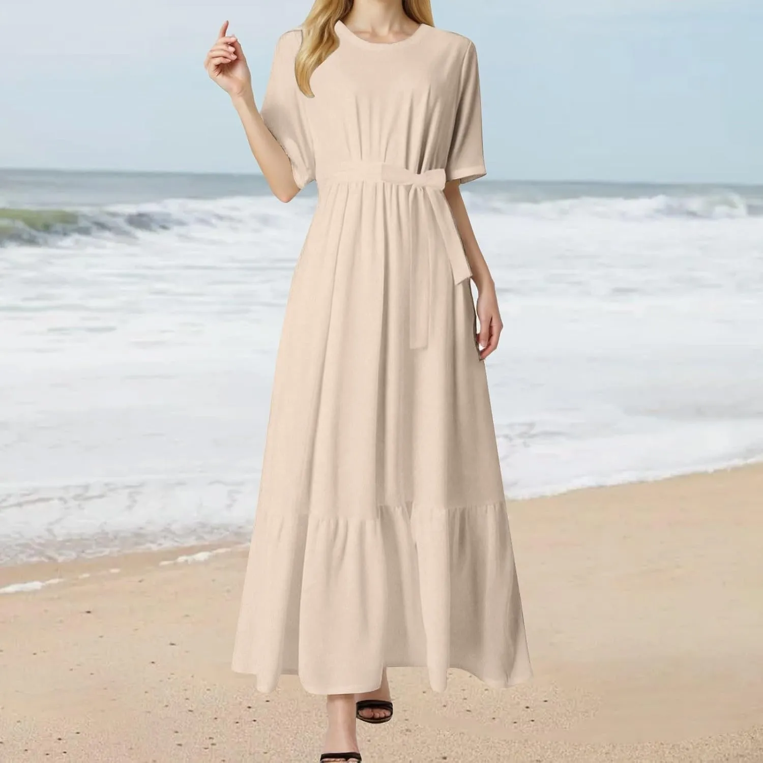 Summer Dresses for Women 2025 Crewneck Short Sleeve Maxi Dress with Belt Casual Elegant A Line Swing Sundresses