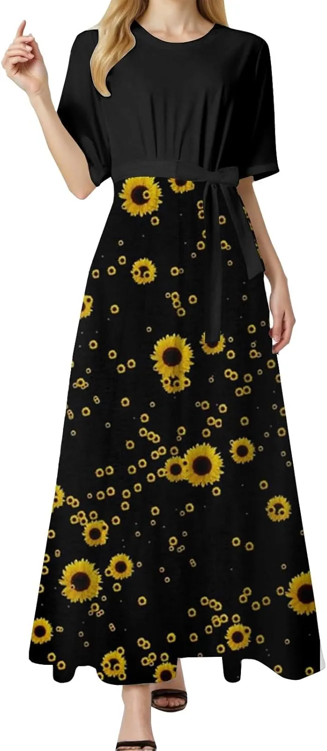 Summer Dresses for Women 2025 Crewneck Short Sleeve Maxi Dress with Belt Casual Elegant A Line Swing Sundresses
