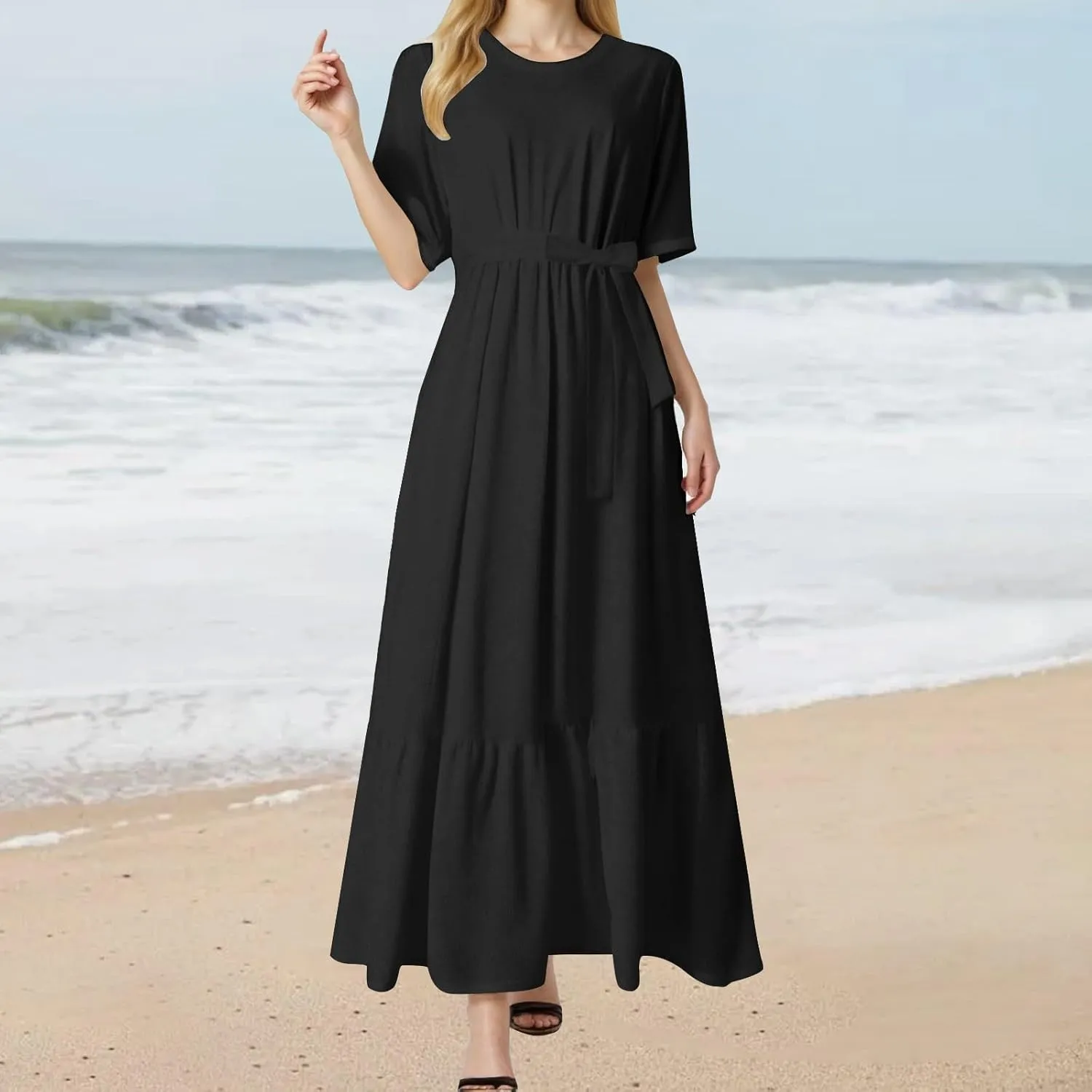 Summer Dresses for Women 2025 Crewneck Short Sleeve Maxi Dress with Belt Casual Elegant A Line Swing Sundresses