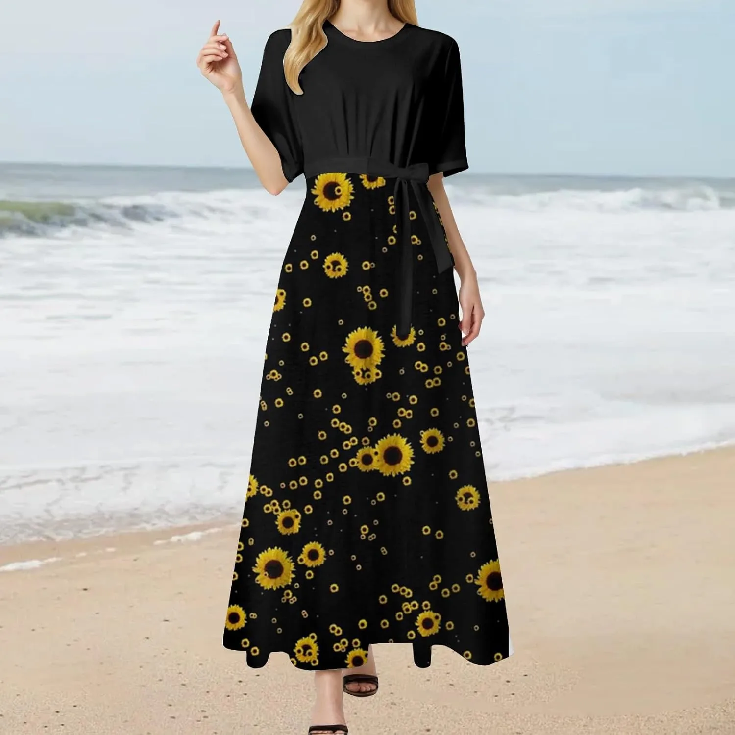 Summer Dresses for Women 2025 Crewneck Short Sleeve Maxi Dress with Belt Casual Elegant A Line Swing Sundresses