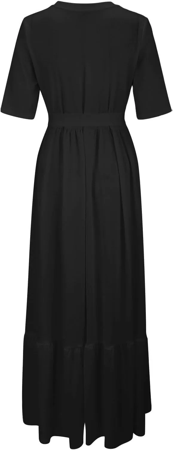 Summer Dresses for Women 2025 Crewneck Short Sleeve Maxi Dress with Belt Casual Elegant A Line Swing Sundresses