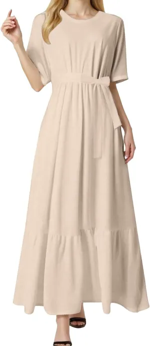 Summer Dresses for Women 2025 Crewneck Short Sleeve Maxi Dress with Belt Casual Elegant A Line Swing Sundresses
