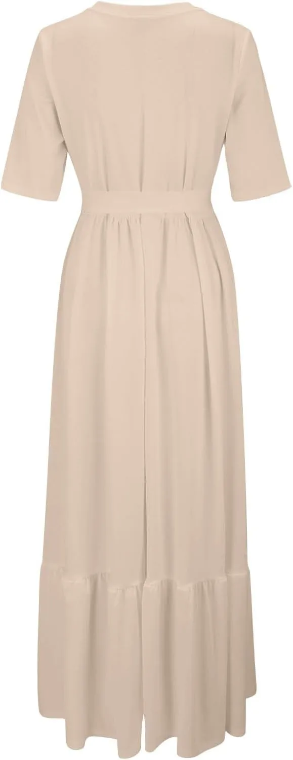 Summer Dresses for Women 2025 Crewneck Short Sleeve Maxi Dress with Belt Casual Elegant A Line Swing Sundresses