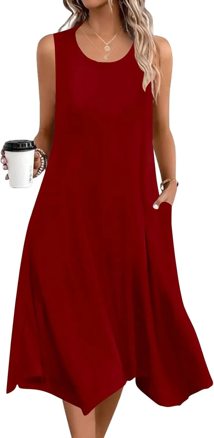 Summer Dresses for Women 2025 Elegant Print Swing Hem Tank Midi Dresses Casual Plus Size Sleeveless Crewneck Sundress