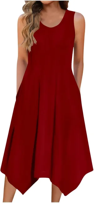 Summer Dresses for Women 2025 Elegant Print Swing Hem Tank Midi Dresses Casual Plus Size Sleeveless Crewneck Sundress