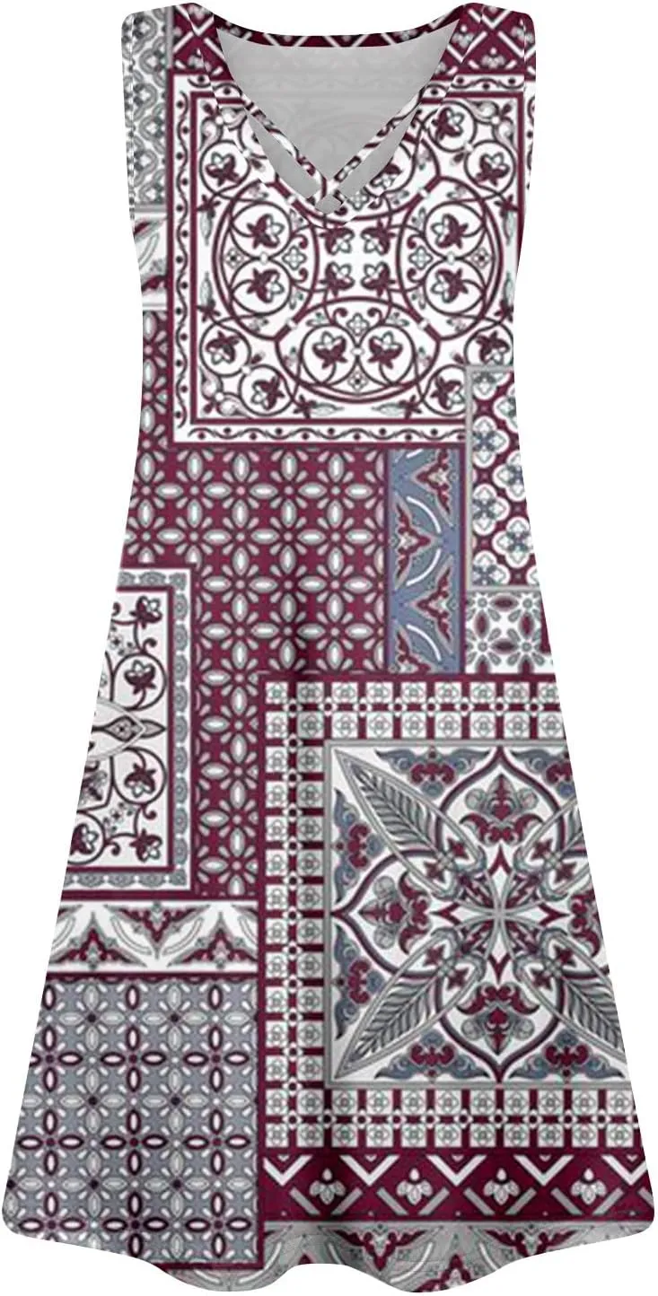 Summer Dresses for Women 2025 Floral Boho Beach Tank Dress V-Neck Loose Sundresses Sleeveless Casual T Shirt Dresses