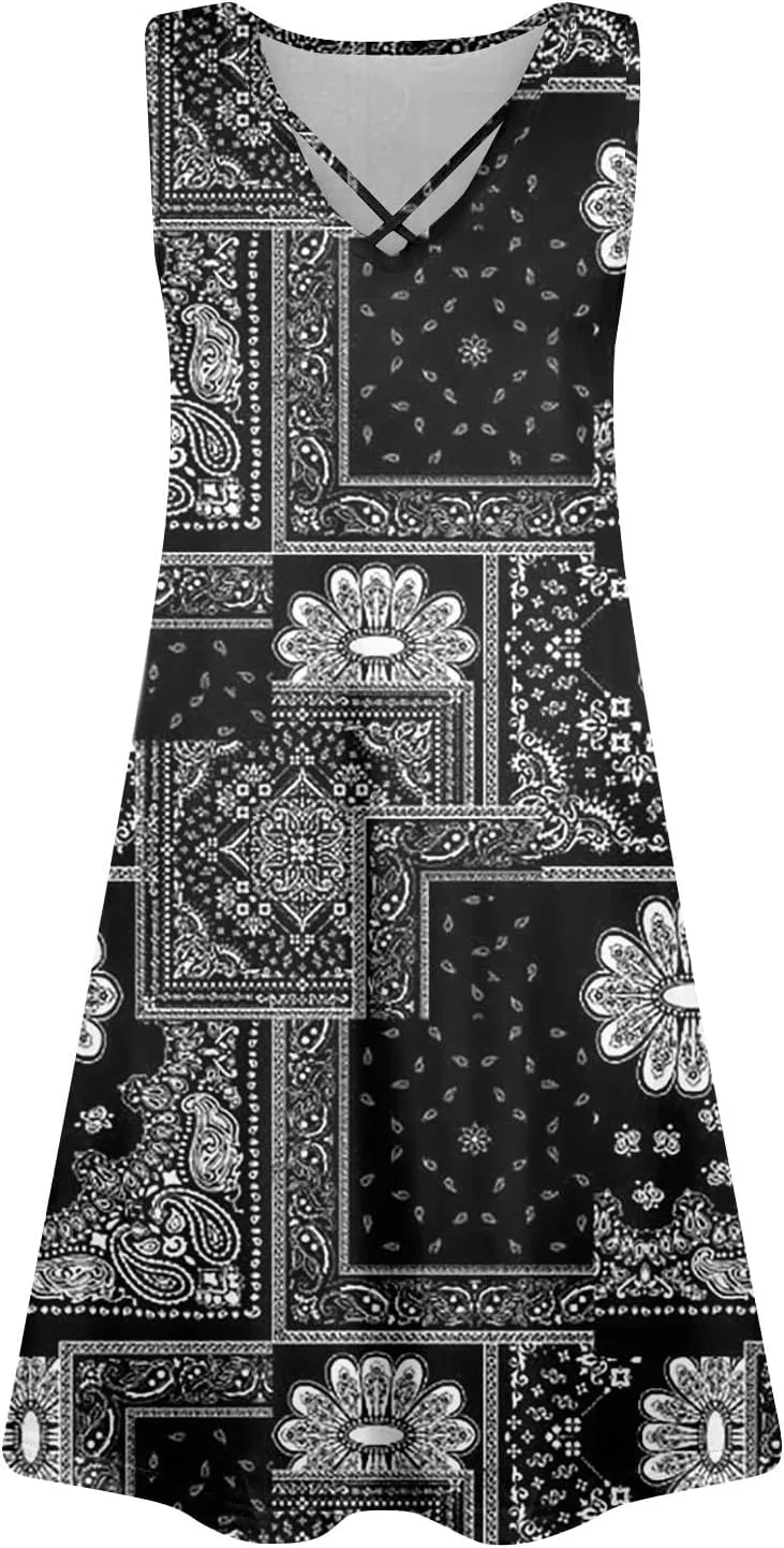 Summer Dresses for Women 2025 Floral Boho Beach Tank Dress V-Neck Loose Sundresses Sleeveless Casual T Shirt Dresses