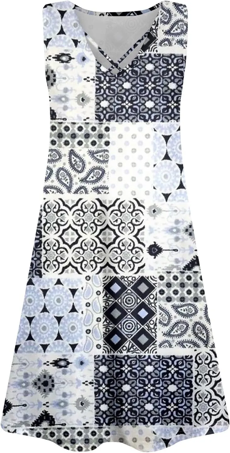 Summer Dresses for Women 2025 Floral Boho Beach Tank Dress V-Neck Loose Sundresses Sleeveless Casual T Shirt Dresses