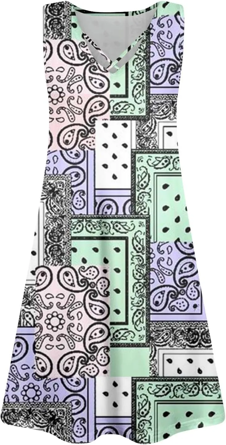 Summer Dresses for Women 2025 Floral Boho Beach Tank Dress V-Neck Loose Sundresses Sleeveless Casual T Shirt Dresses