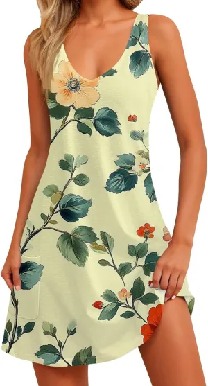 Summer Dresses for Women 2025 Floral Loose T Shirt Dresses V-Neck Boho Beach Tank Dress Casual Sleeveless Sundresses