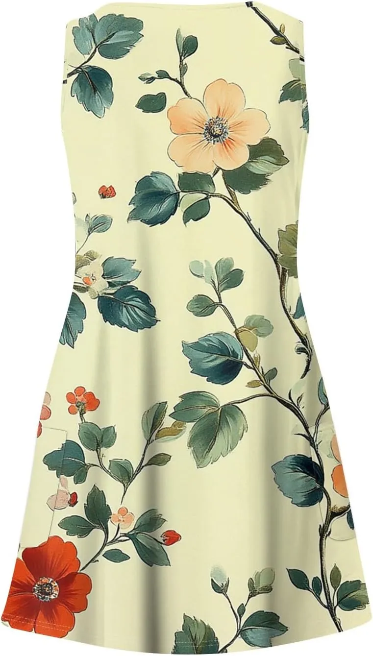 Summer Dresses for Women 2025 Floral Loose T Shirt Dresses V-Neck Boho Beach Tank Dress Casual Sleeveless Sundresses