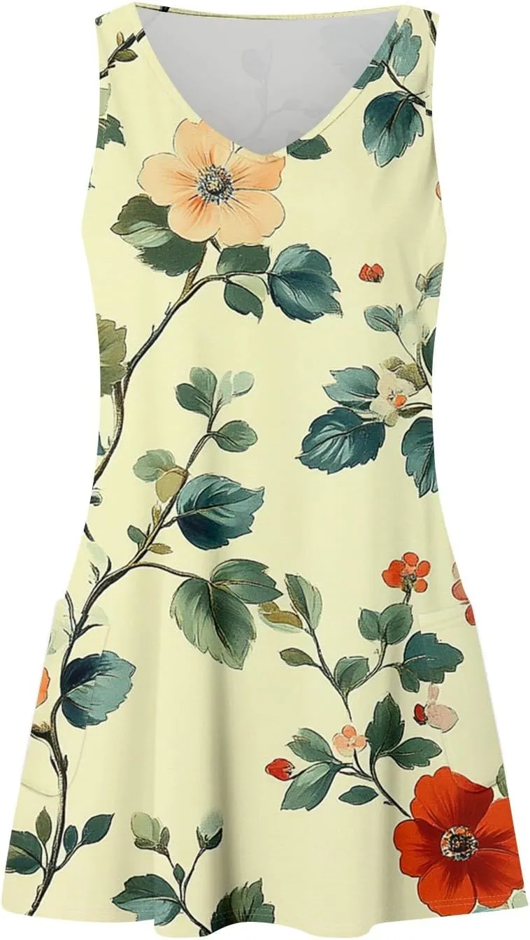 Summer Dresses for Women 2025 Floral Loose T Shirt Dresses V-Neck Boho Beach Tank Dress Casual Sleeveless Sundresses