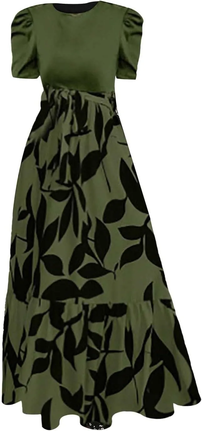 Summer Dresses for Women 2025 Floral Print Wrap Short Sleeve Maxi Dress Casual Patchwork Ruffle Hem A Line Swing Sundresses