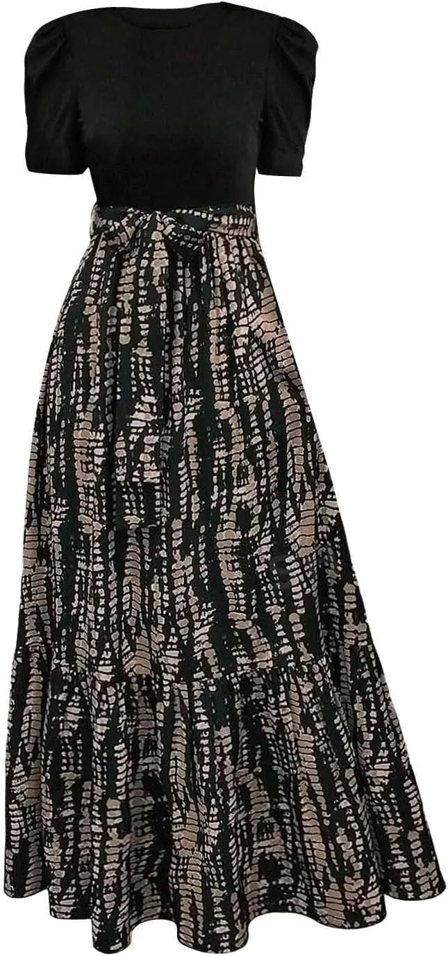 Summer Dresses for Women 2025 Floral Print Wrap Short Sleeve Maxi Dress Casual Patchwork Ruffle Hem A Line Swing Sundresses