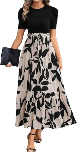 Summer Dresses for Women 2025 Floral Print Wrap Short Sleeve Maxi Dress Casual Patchwork Ruffle Hem A Line Swing Sundresses
