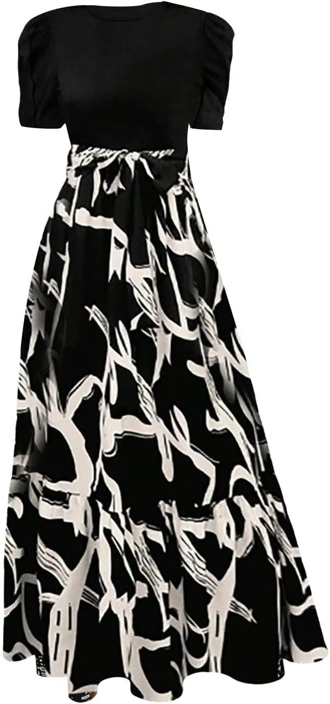 Summer Dresses for Women 2025 Floral Print Wrap Short Sleeve Maxi Dress Casual Patchwork Ruffle Hem A Line Swing Sundresses