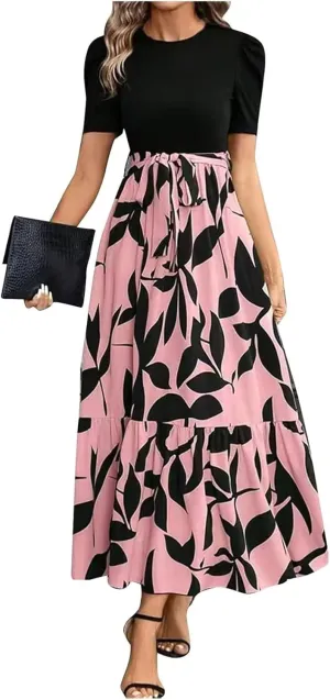 Summer Dresses for Women 2025 Floral Print Wrap Short Sleeve Maxi Dress Casual Patchwork Ruffle Hem A Line Swing Sundresses