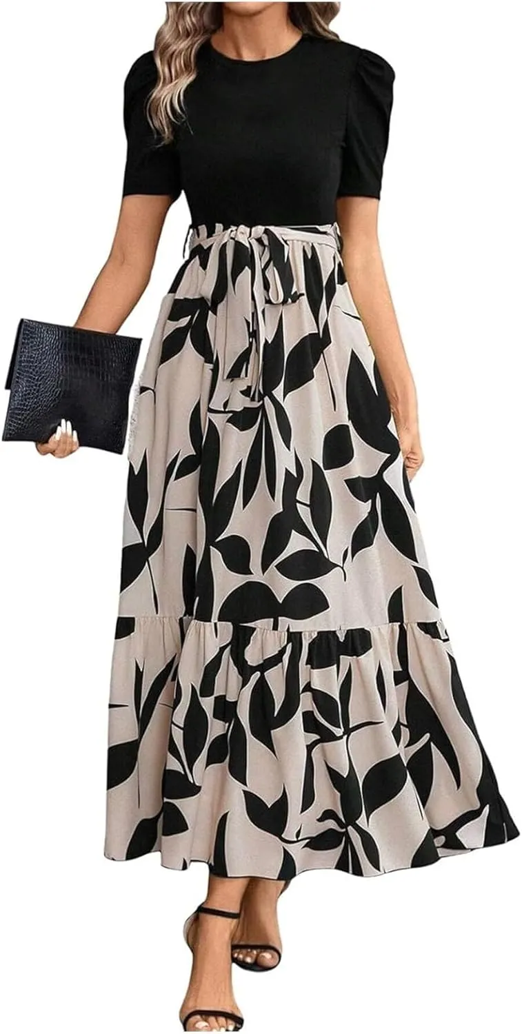 Summer Dresses for Women 2025 Floral Print Wrap Short Sleeve Maxi Dress Casual Patchwork Ruffle Hem A Line Swing Sundresses
