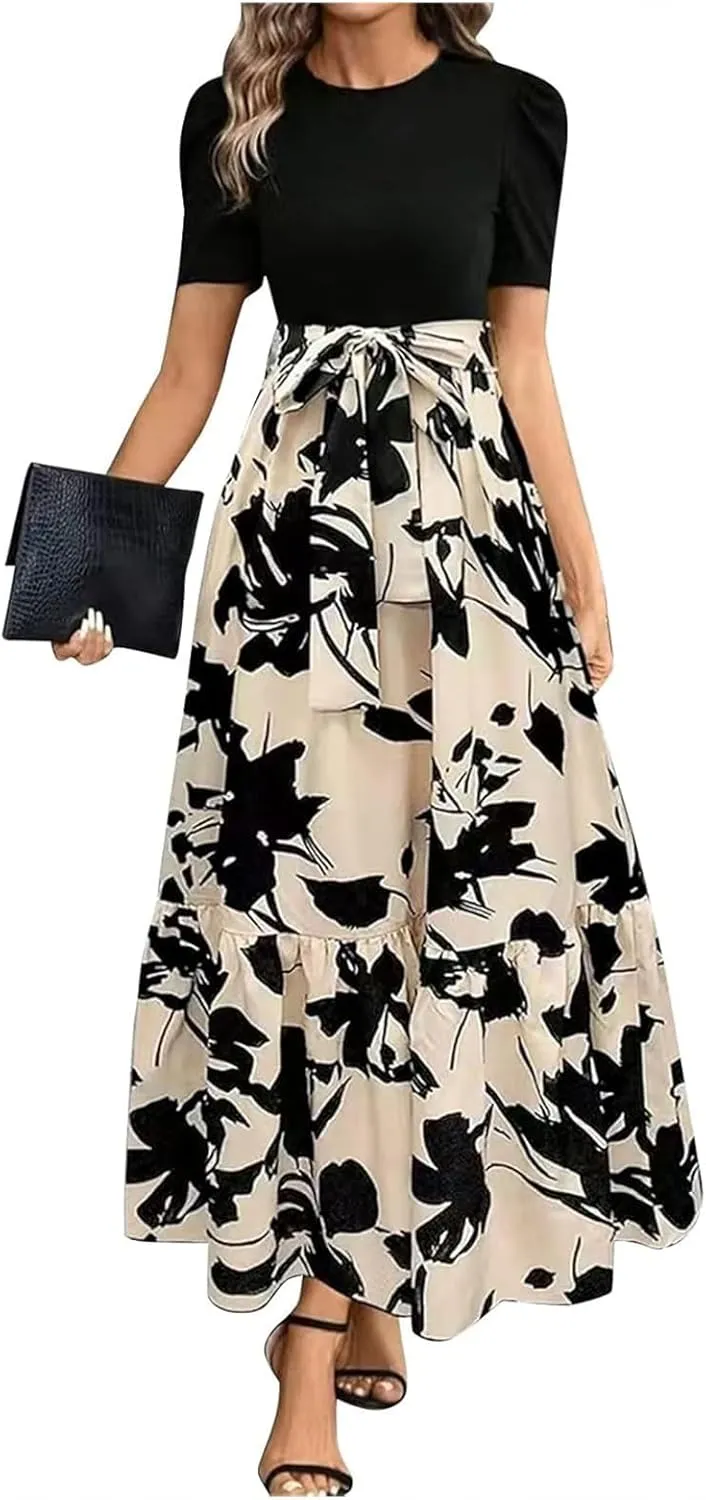 Summer Dresses for Women 2025 Floral Print Wrap Short Sleeve Maxi Dress Casual Patchwork Ruffle Hem A Line Swing Sundresses