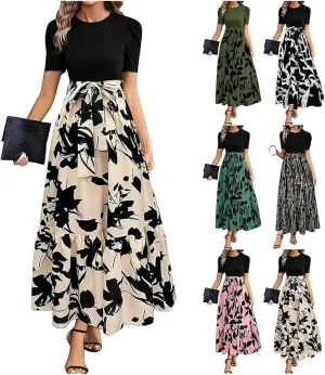 Summer Dresses for Women 2025 Floral Print Wrap Short Sleeve Maxi Dress Casual Patchwork Ruffle Hem A Line Swing Sundresses