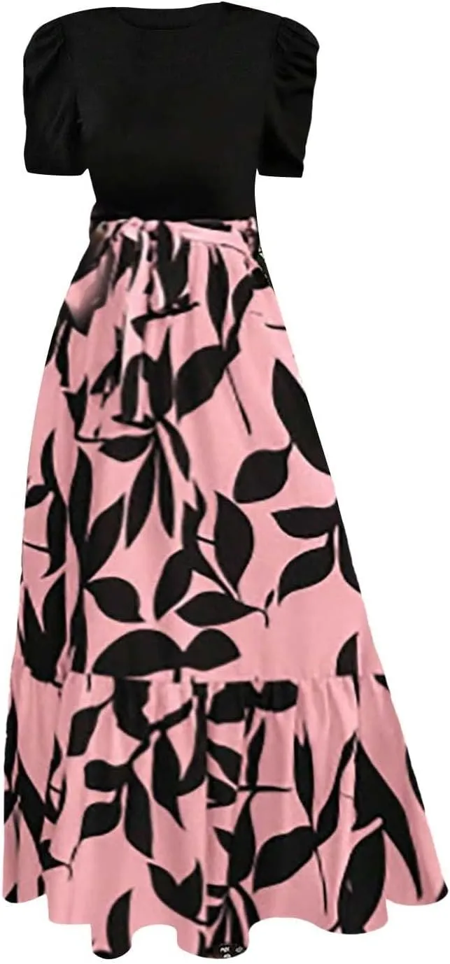 Summer Dresses for Women 2025 Floral Print Wrap Short Sleeve Maxi Dress Casual Patchwork Ruffle Hem A Line Swing Sundresses