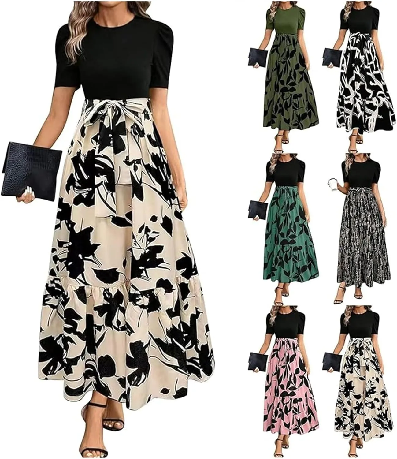 Summer Dresses for Women 2025 Floral Print Wrap Short Sleeve Maxi Dress Casual Patchwork Ruffle Hem A Line Swing Sundresses