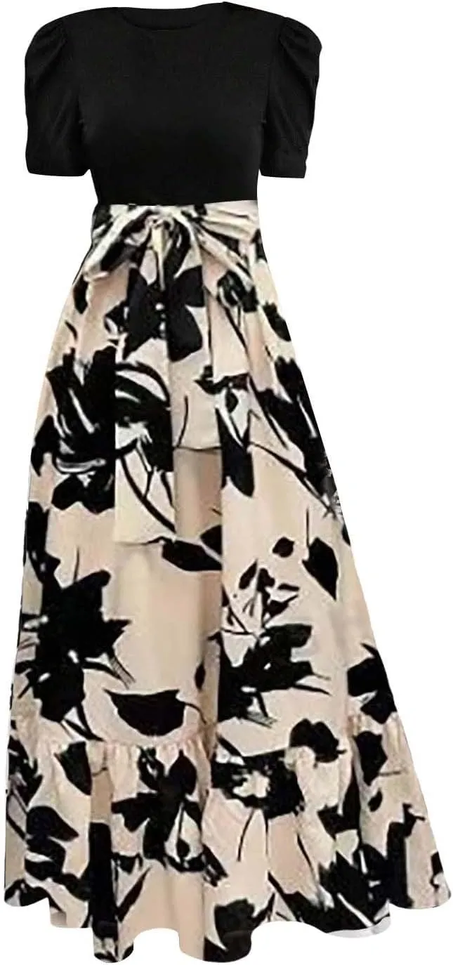 Summer Dresses for Women 2025 Floral Print Wrap Short Sleeve Maxi Dress Casual Patchwork Ruffle Hem A Line Swing Sundresses