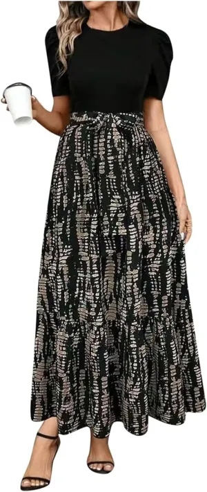 Summer Dresses for Women 2025 Floral Print Wrap Short Sleeve Maxi Dress Casual Patchwork Ruffle Hem A Line Swing Sundresses