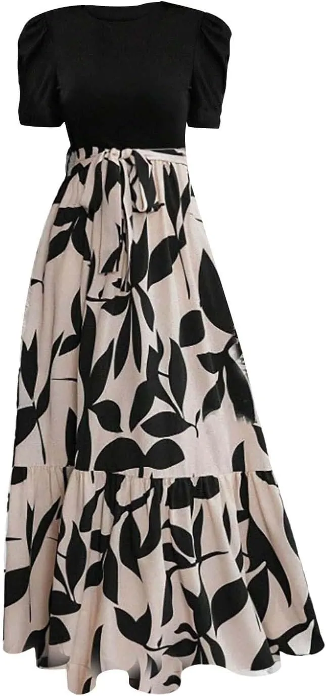 Summer Dresses for Women 2025 Floral Print Wrap Short Sleeve Maxi Dress Casual Patchwork Ruffle Hem A Line Swing Sundresses