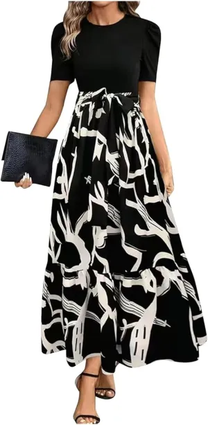 Summer Dresses for Women 2025 Floral Print Wrap Short Sleeve Maxi Dress Casual Patchwork Ruffle Hem A Line Swing Sundresses