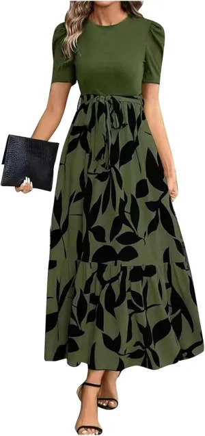 Summer Dresses for Women 2025 Floral Print Wrap Short Sleeve Maxi Dress Casual Patchwork Ruffle Hem A Line Swing Sundresses