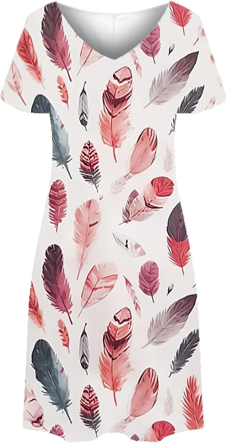 Summer Dresses for Women 2025 Loose V Neck Short Sleeve Casual T Shirt Dress Sundresses Floral Swimsuit Coverup