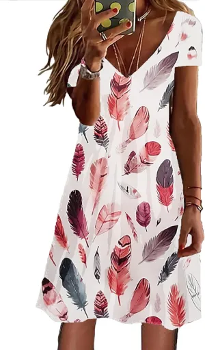 Summer Dresses for Women 2025 Loose V Neck Short Sleeve Casual T Shirt Dress Sundresses Floral Swimsuit Coverup