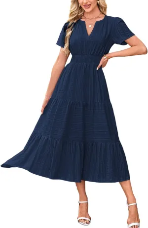Summer Dresses for Women 2025 Midi Short Sleeve V Neck A Line Dresses Summer Flowy Tiered Pockets Boho Beach Sundress