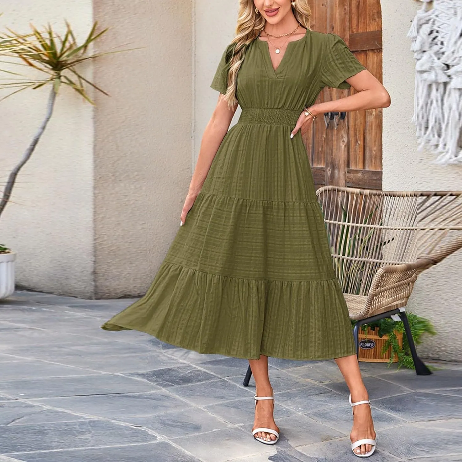 Summer Dresses for Women 2025 Midi Short Sleeve V Neck A Line Dresses Summer Flowy Tiered Pockets Boho Beach Sundress