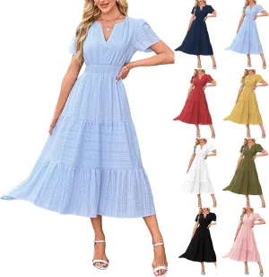 Summer Dresses for Women 2025 Midi Short Sleeve V Neck A Line Dresses Summer Flowy Tiered Pockets Boho Beach Sundress