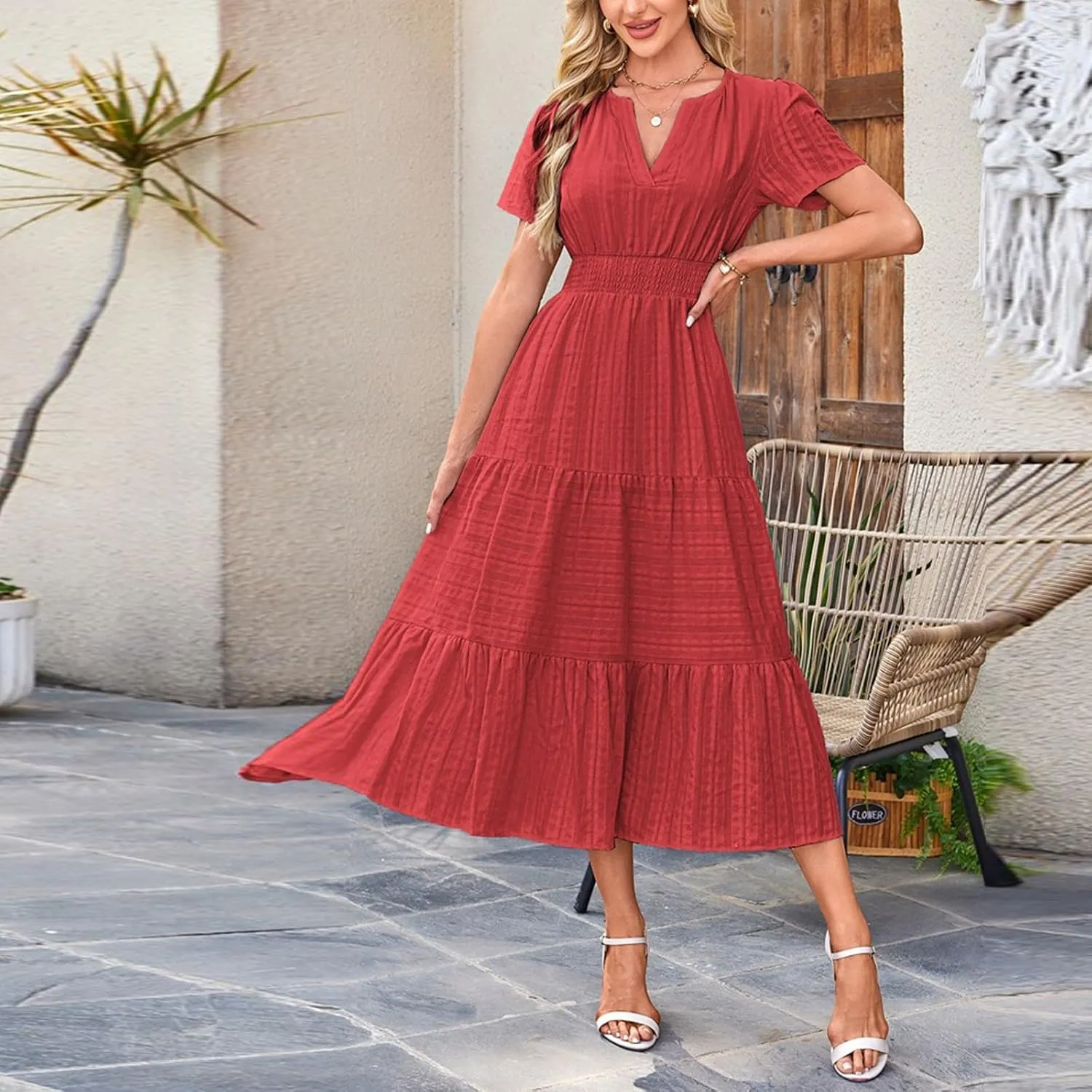 Summer Dresses for Women 2025 Midi Short Sleeve V Neck A Line Dresses Summer Flowy Tiered Pockets Boho Beach Sundress